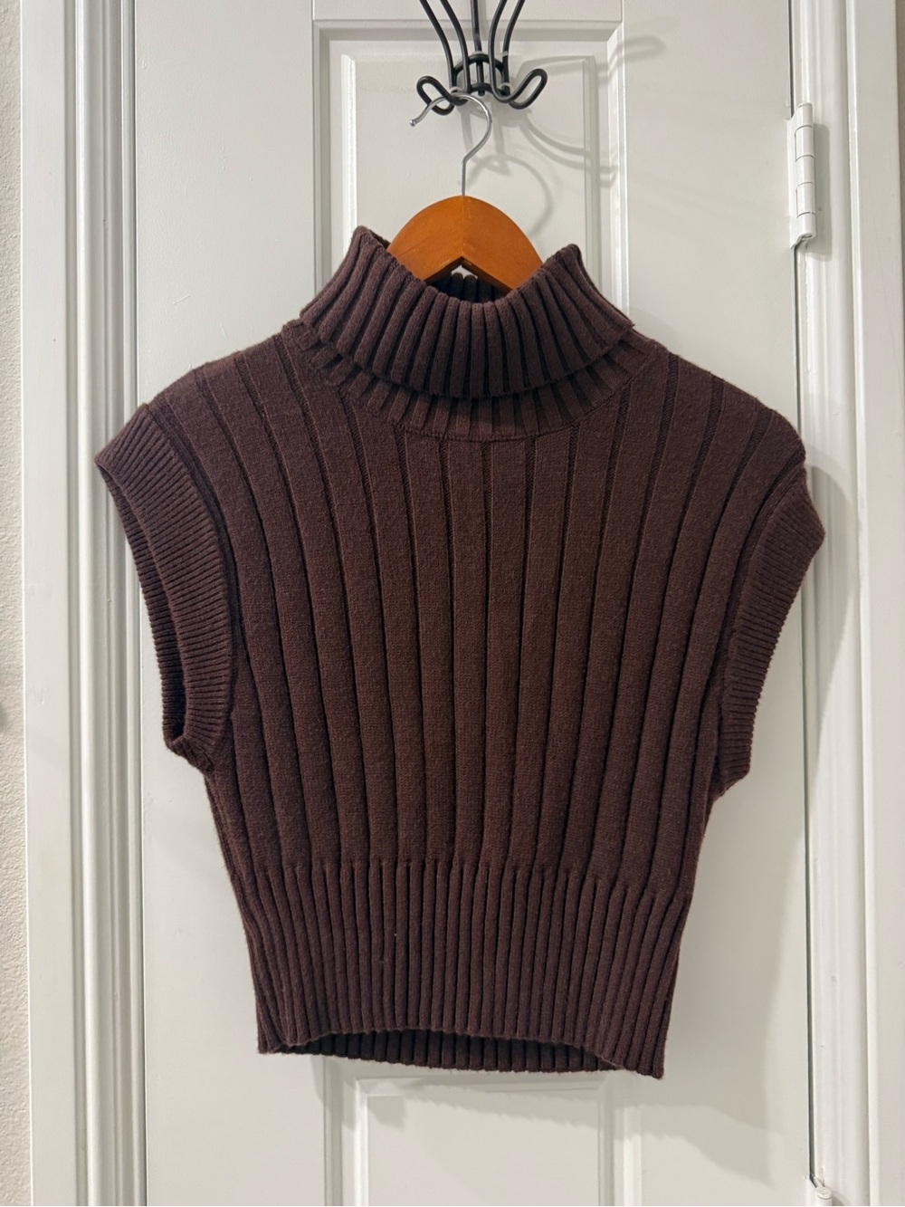 Sleeveless Ribbed Turtleneck Sweater Vest in Dark Brown